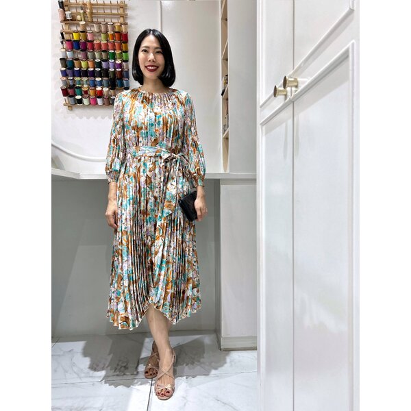 2MUAY รุ่น GA91040 เดรสอัดพลีท LONGSLEEVE SATIN PRINTED PLEATED DRESS 10 สี FREE SIZE