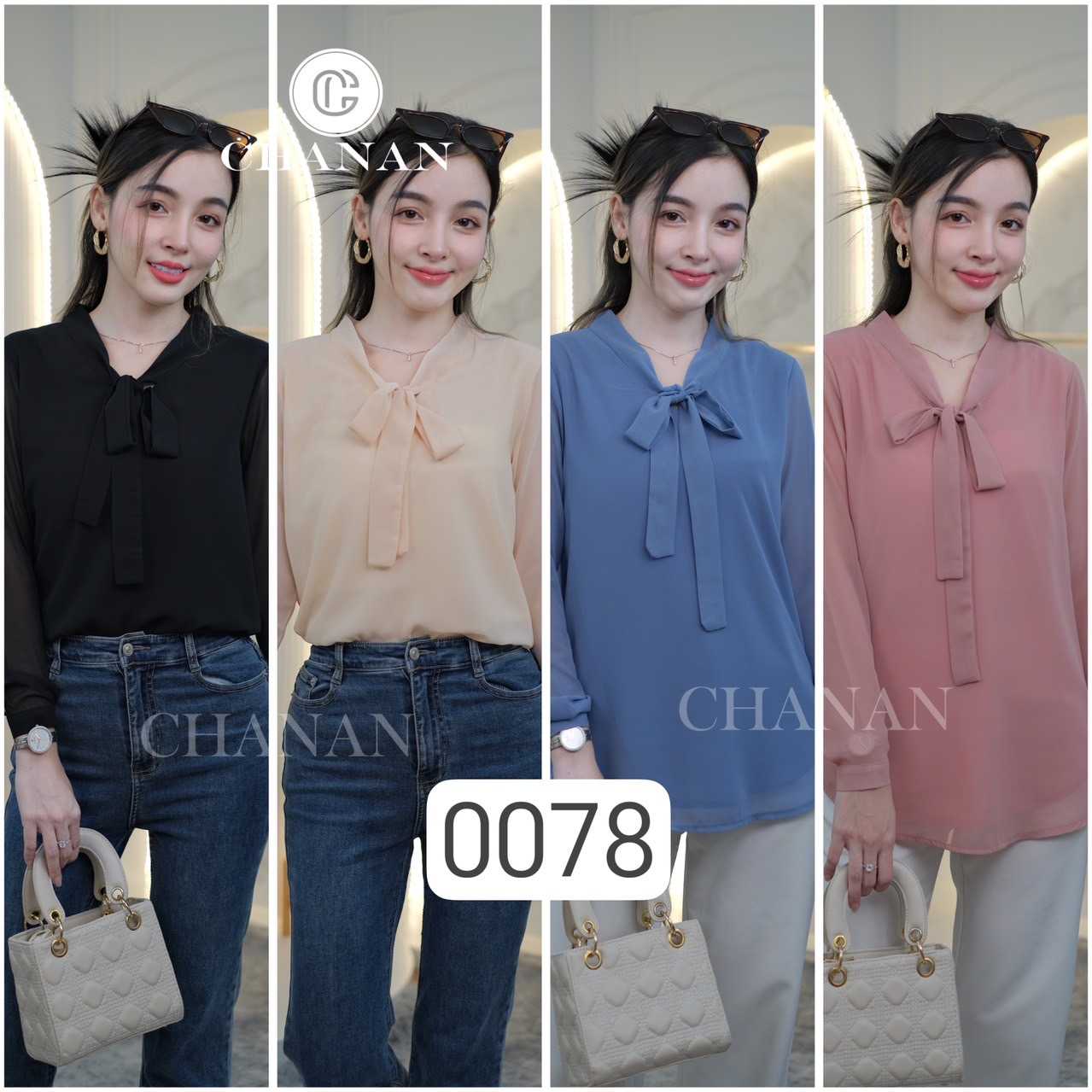 0078 เสื้อชีฟอง คอดีเทลผูกโบว์ มีซับใน ทรงสวย