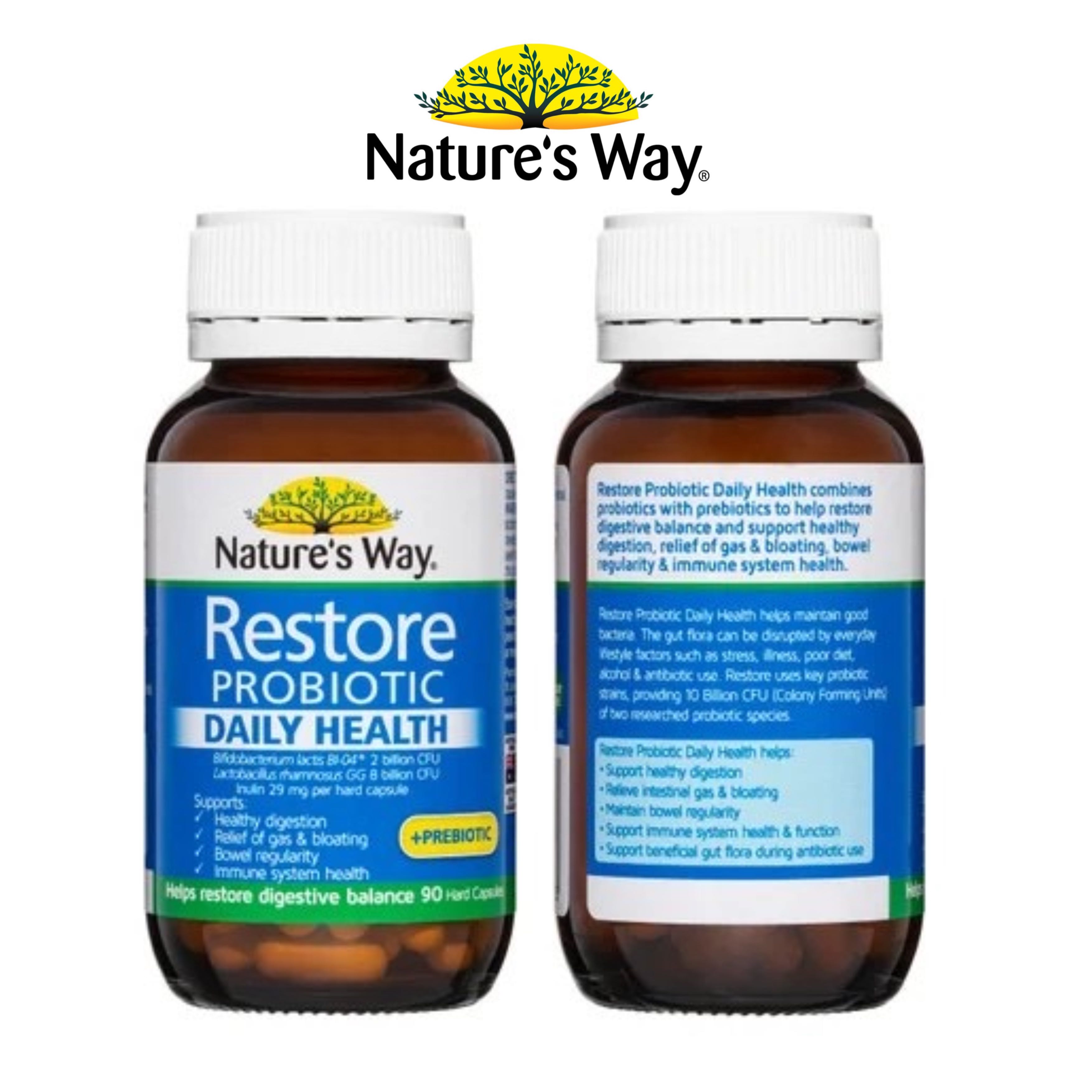 โพรไบโอติกและพรีไบโอติก Nature's Way Restore Probiotic + Prebiotic - Daily Health (90 Hard Capsules)
