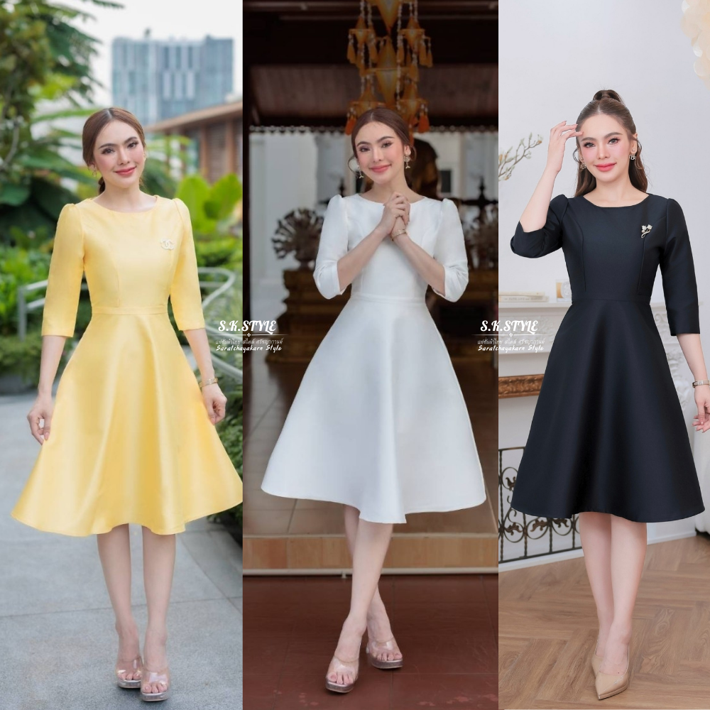 ชุดเดรสผ้าไทย ไหมจิตรลดา คอปาด แขนยาวถึงศอก งานกระโปรงทรงย้วยบานสวยมาก ลูกคุณหนูสุดๆ