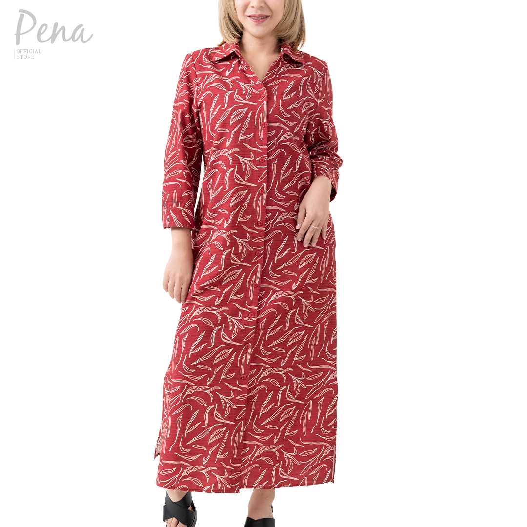 Pena house ชุดเดรสยาวคอปก แขนสามส่วน กระดุมหน้า PWDL122401