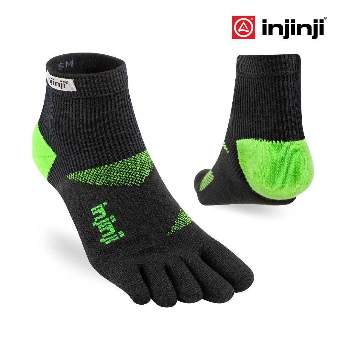 INJINJI ถุงเท้าวิ่งแยกนิ้ว เล่นกีฬา INJINJI รุ่น TRAINER  MINI-CREW ทุกเพศ หุ้มตาตุ่ม LIME สีดำเขียว