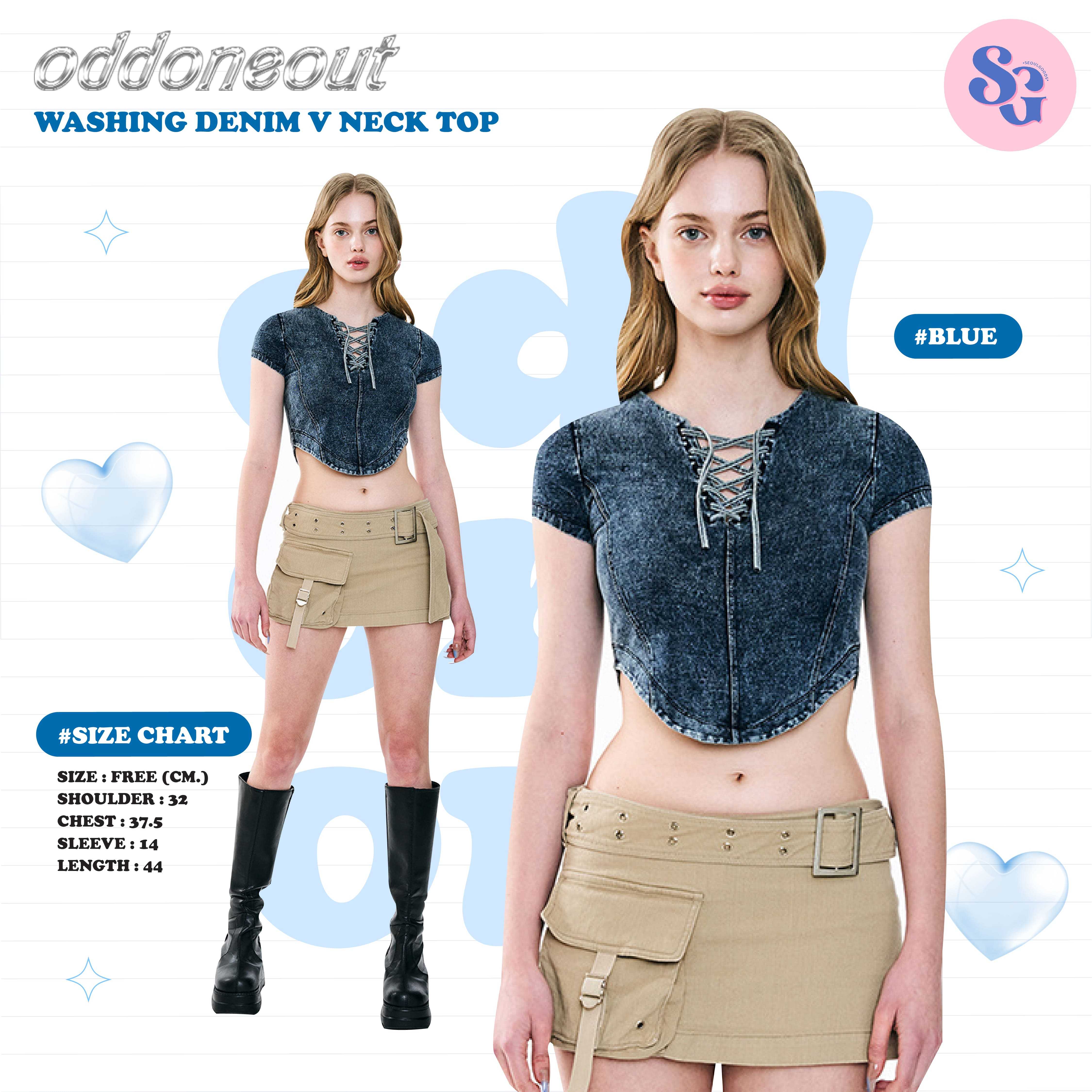 (พร้อมส่ง) เสื้อครอปยีนส์คอวี ODD  Washing denim Vneck top