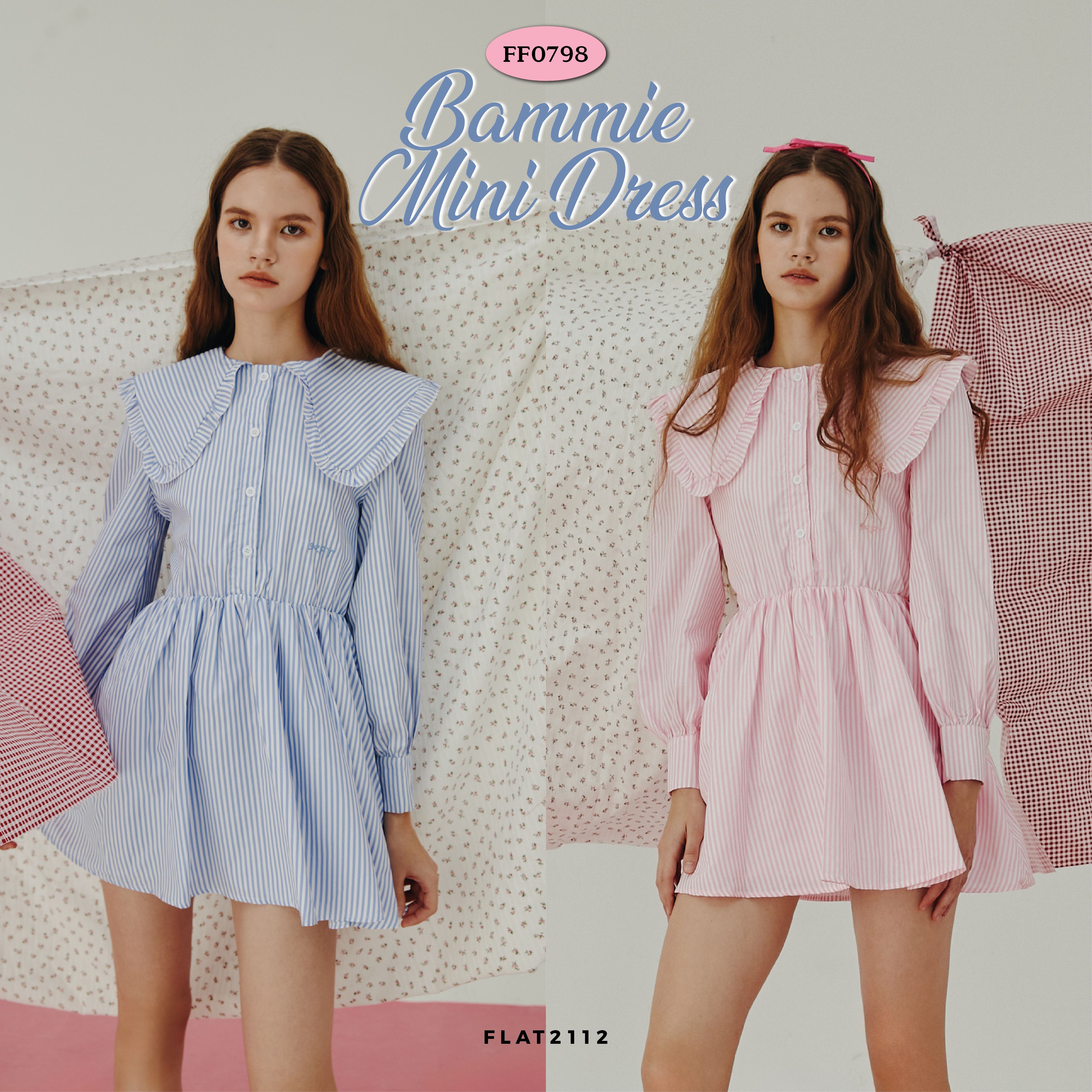FLAT2112 FF0798 : BAMMIE MINI DRESS มินิเดรสแขนยาว ปกใหญ่ เอวสม็อค