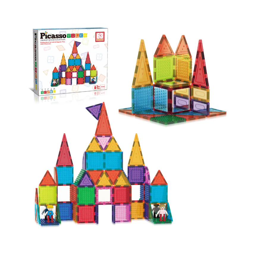 PicassoTiles 63 Pc Magnetic Tile Brick Block STEM Learning Set