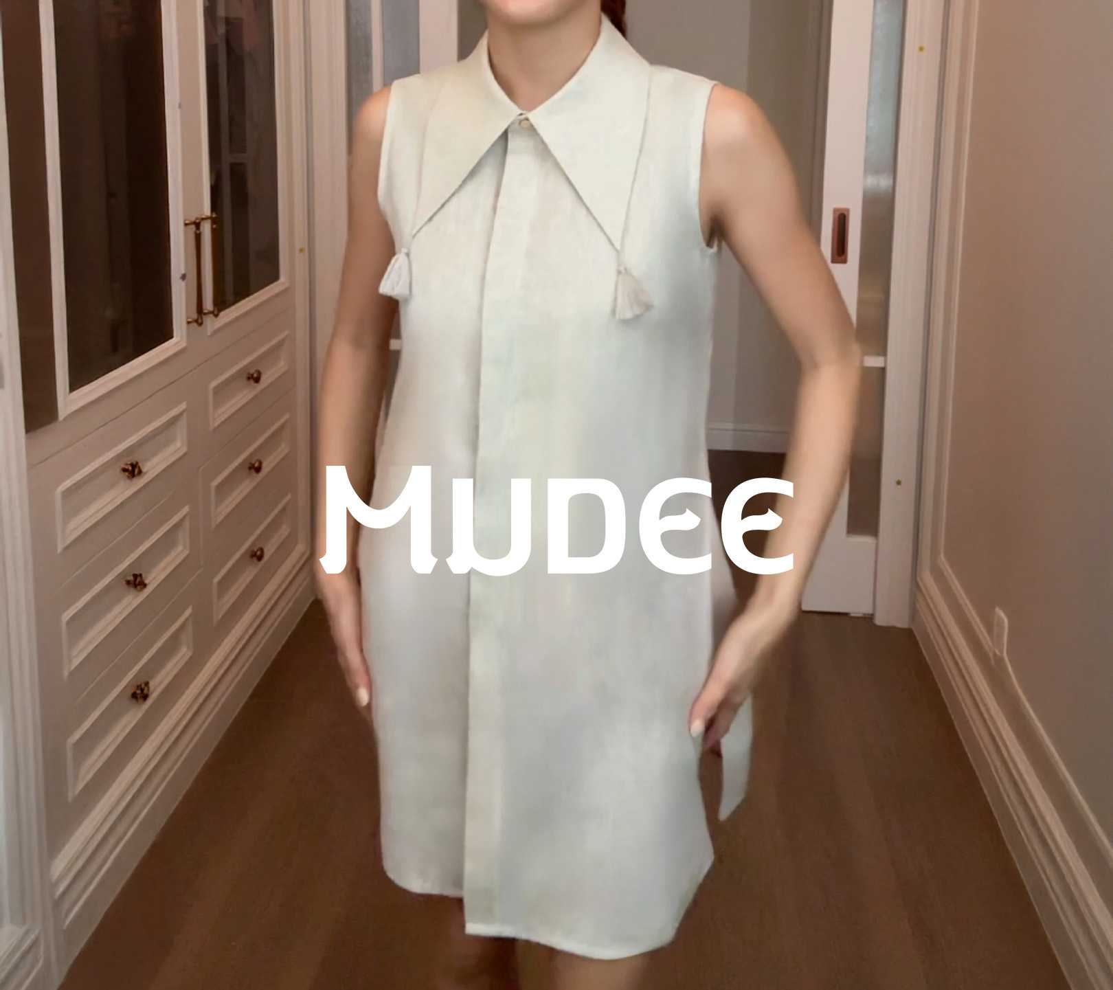 MUDEE เบลาส์ลินินแขนกุดคอปกแต่งพู่ สีกากี Sleeveless Linen Blouse Khaki
