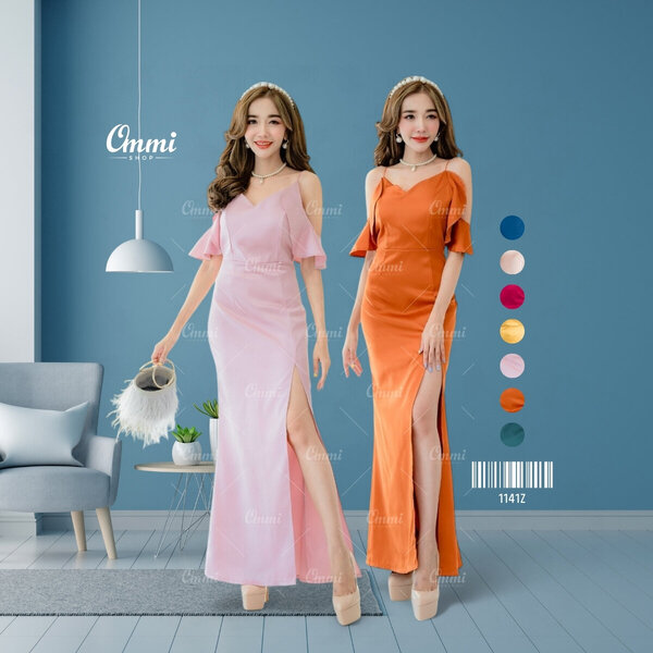Ommishop ชุดราตรี 1141Z สายเดี่ยว แต่งระบายแขน ผ้าซาร่า เดรสออกงาน ชุดงานแต่ง เพื่อนเจ้าสาว