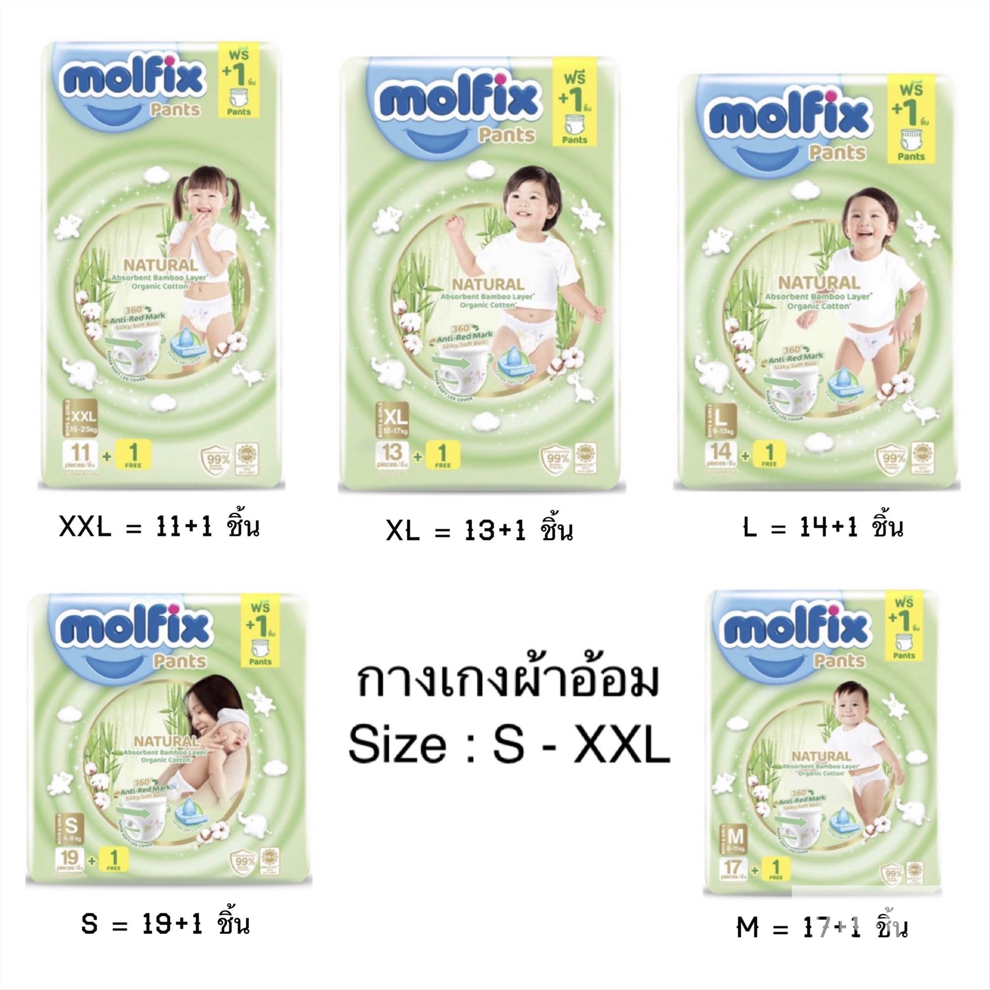 Molfix Natural Pants แพมเพิส (กางเกงผ้าอ้อม) ห่อสีเขียว ผ้าอ้อมเด็ก สำเร็จรูปพรีเมี่ยม