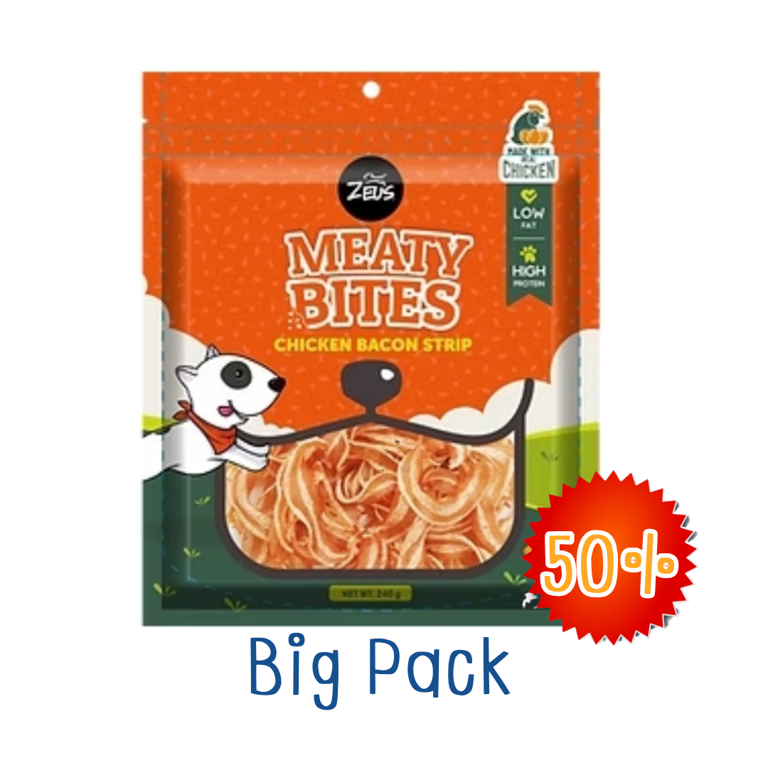 (ลด 50%)  Zeus Meaty Bites ขนมสุนัข ไก่ เบคอนสตริป 240 g.