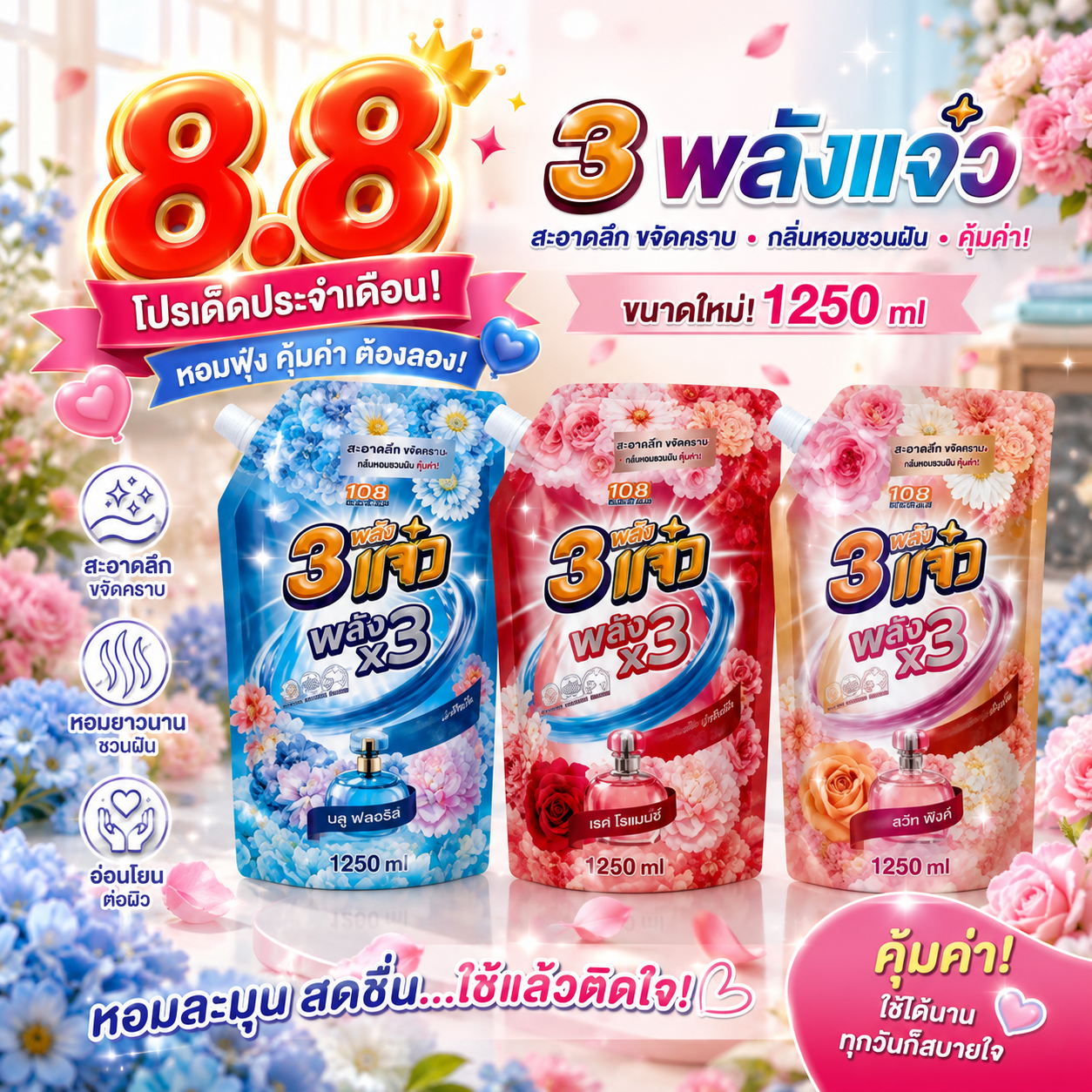 3 พลังแจ๋ว น้ำยาซักผ้าสูตรเข้มข้น 3-in-1 ผสมสารปรับผ้านุ่ม 1250มล. ล็อกความหอม 30 วัน ลดกลิ่นอับ