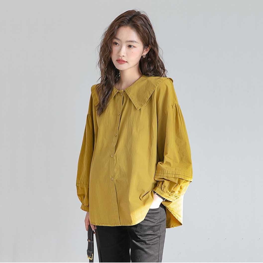 เชิ้ตทรง oversize แบบเรียบเก๋น่ารักมากๆหยิบใส่ได้ตลอด ผ้าคอตตอนเชิ้ตอย่างดี - สีเหลืองมัสตาร์ด