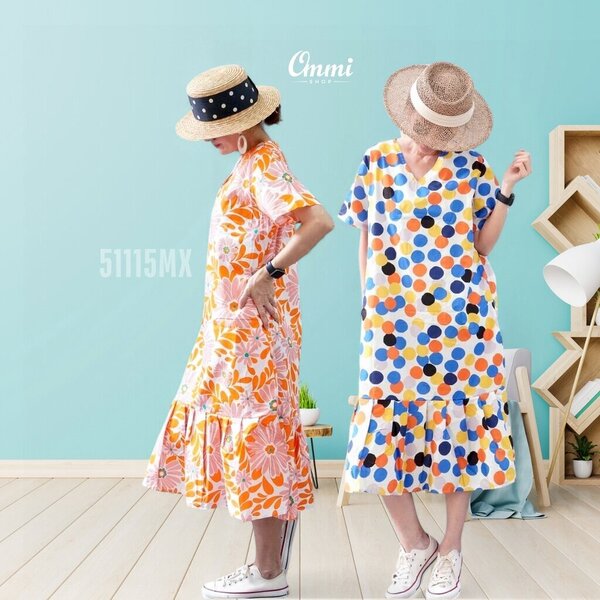 Ommishop 51115MX ชุดเดรสแฟชั่น คอวี แต่งชายระบาย ลายกราฟฟิค Cotton Japan 100% (Bonus)[51115]