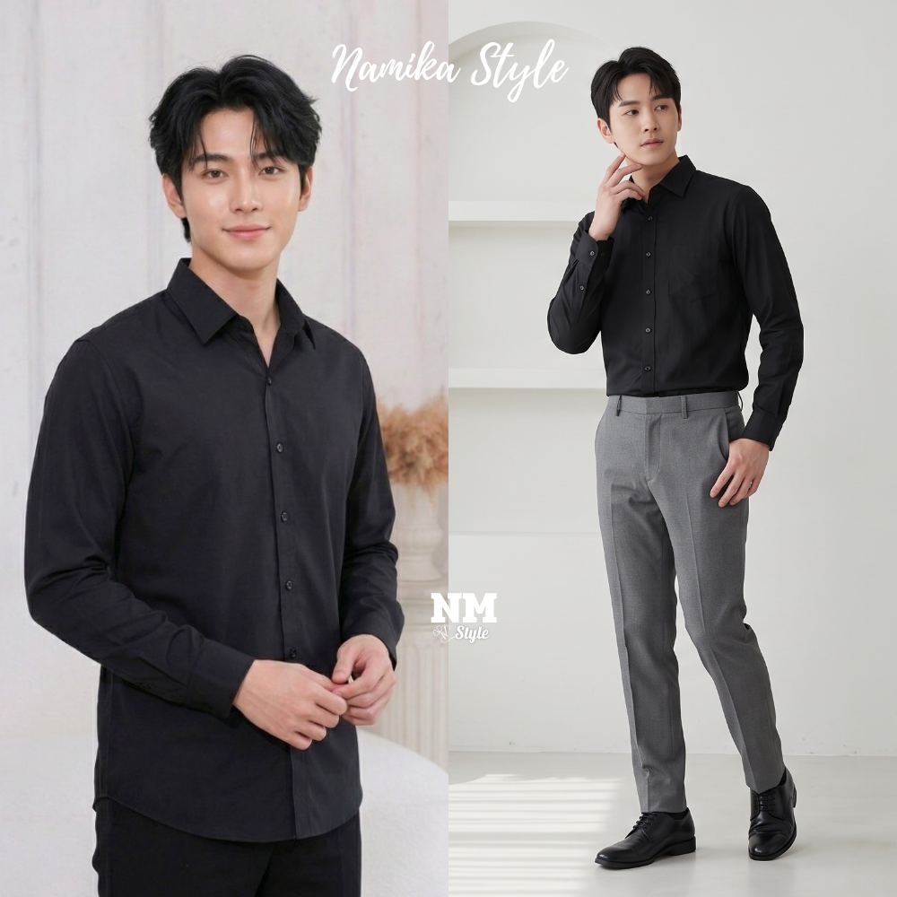 เสื้อเชิ้ตแขนยาวผู้ชาย สีดำ เสื้อเชิ้ตทำงานผู้ชาย เสื้อไปงานแต่ง แฟชั่นผู้ชาย สไตล์ดาราเกาหลี