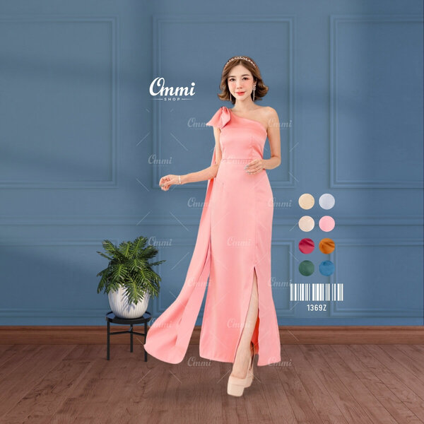 Ommishop ชุดราตรี 1369Z ไหล่เดี่ยว โบว์หัวไหล่ ผ้าซาร่า เดรสออกงาน ชุดงานแต่ง เพื่อนเจ้าสาว