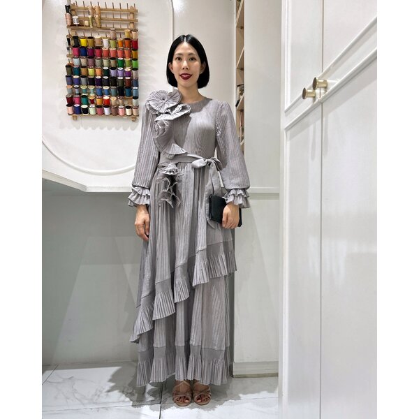 2MUAY รุ่น GA92016 ผ้าMatte เดรสอัดพลีท DRAPED RAFFLE LAYER PLEATED DRESS 7 สี FREE SIZE