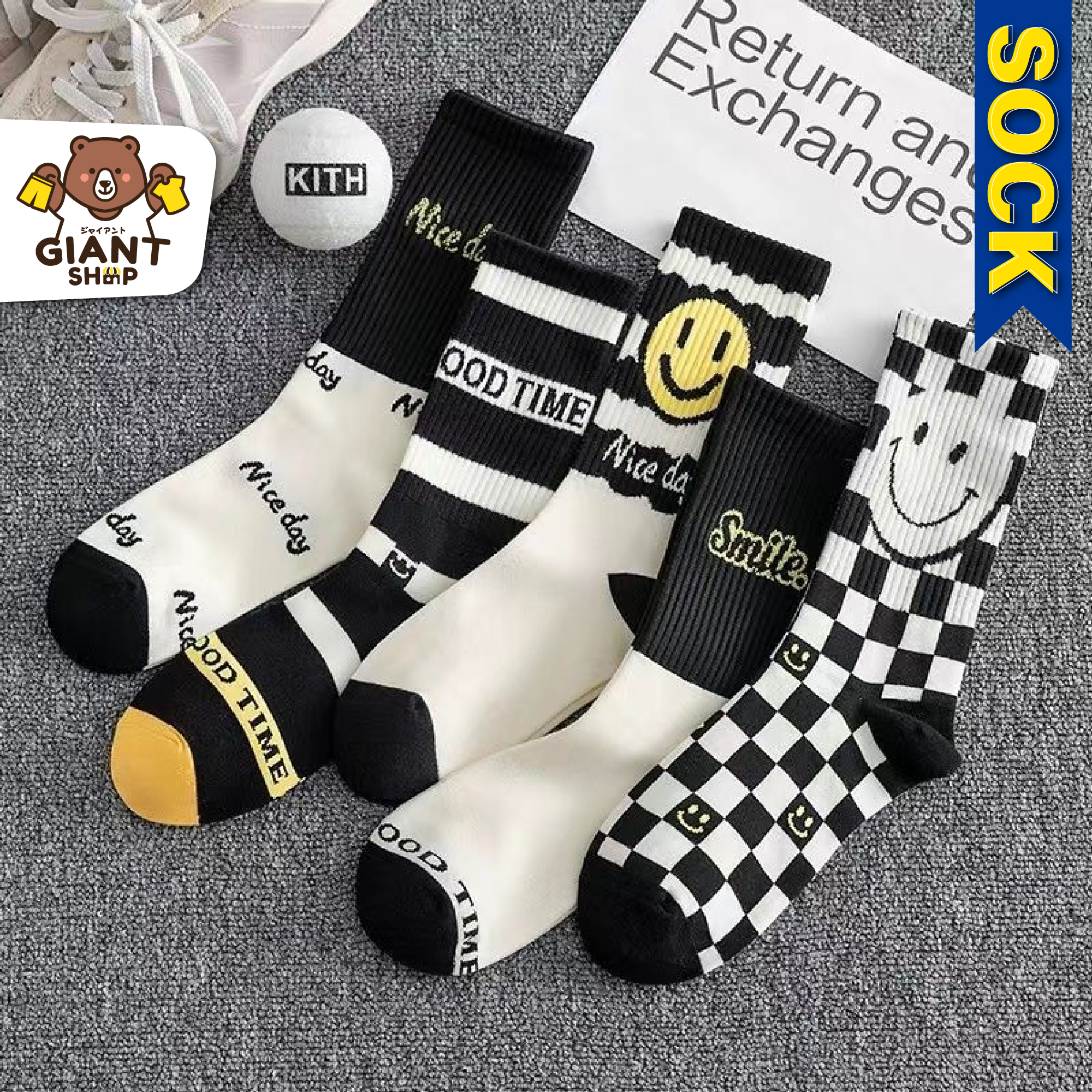 GIANTSHOP Socks ถุงเท้ายาว หน้ายิ้ม smile (1406)