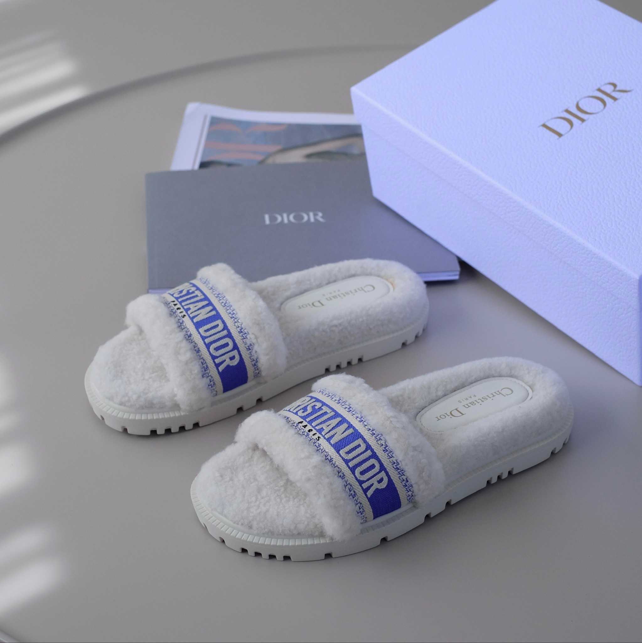 NEW! DIOR DWAY SLIDE Embroidered Cotton and Shearling | Shoes