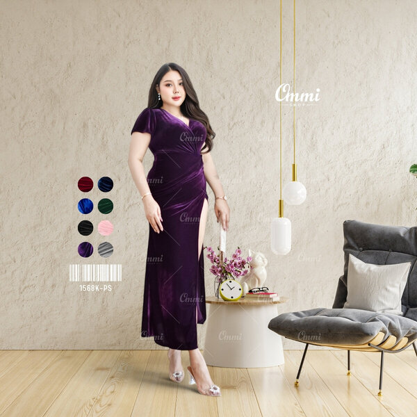 Ommishop ชุดราตรี 1568K-PS เสื้อคอวีแขนสั้น กำมะหยี่ เดรสออกงาน ชุดงานแต่ง เพื่อนเจ้าสาว เดรสสาวอ...