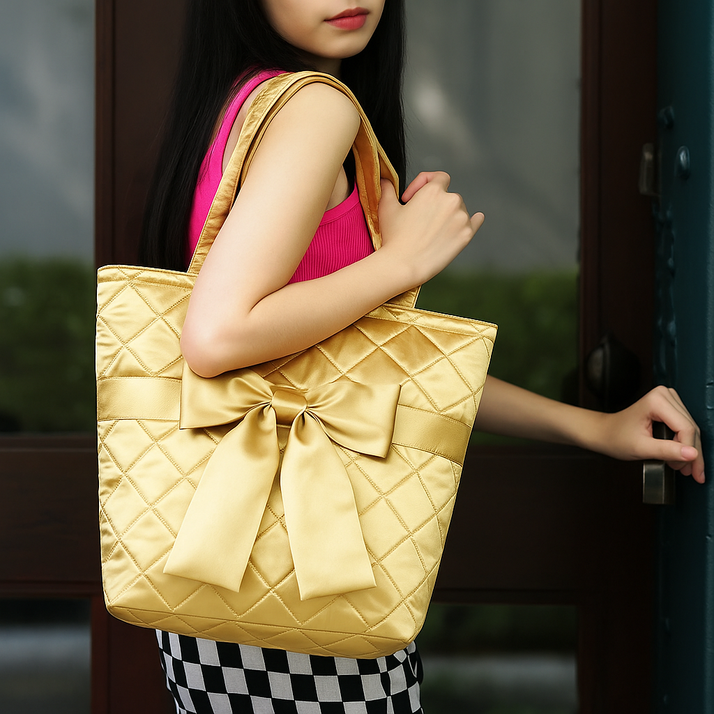 กระเป๋าสะพายไหล่ใบใหญ่ ผ้าซาติน สีทอง ตกแต่งโบว์ แบรนด์นารายา NaRaYa Satin Shoulder Bag