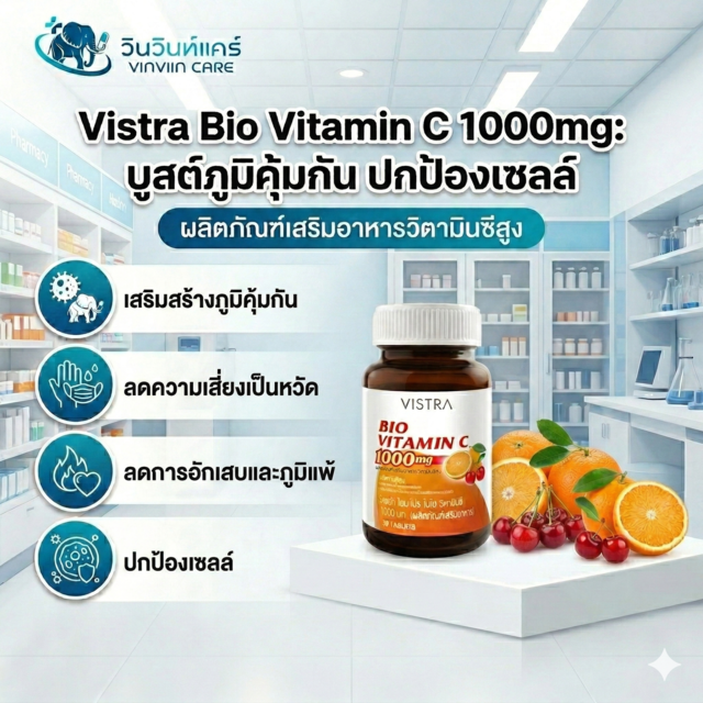 วิตามินซี ภูมิคุ้มกัน ป้องกันหวัด ภูมิแพ้ ผิวใส VISTRA Bio-C 1000mg 30 เม็ด