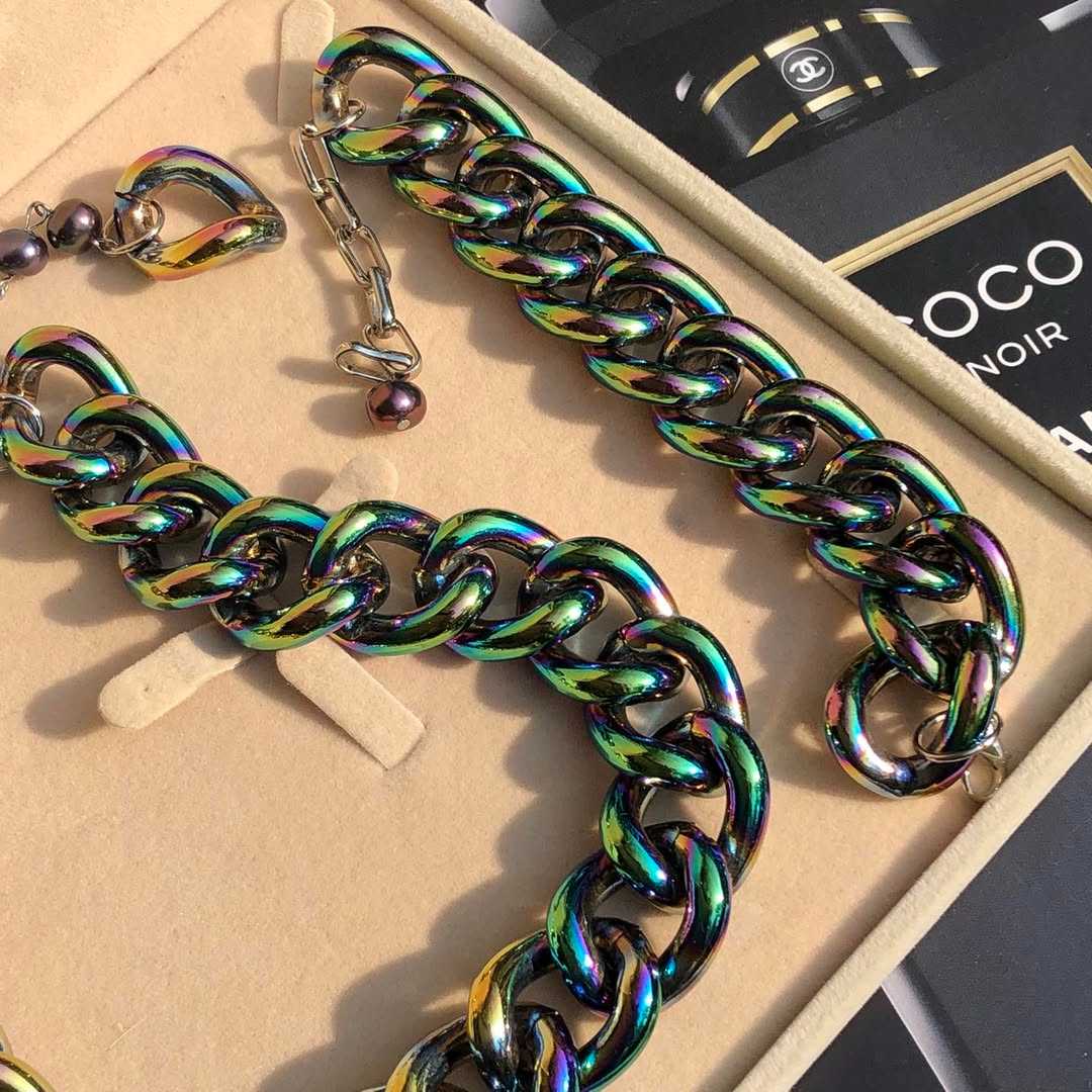 Multi Chrome Chain Choker & Bracelet, with Pearl 💎โชคเกอร์ และข้อมือเข้าชุดมากับ มุกแท้ สีพิเศษ💜🔵