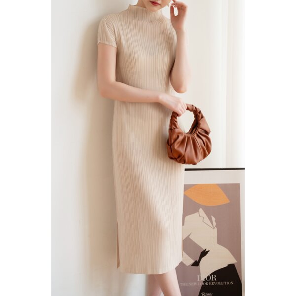 2MUAY PLEAT เดรสผู้หญิง เดรสพลีทคุณภาพ รุ่น GJO7876 5สี FREE SIZE HIGH NECK CAP SLEEVE PLEAT DRESS