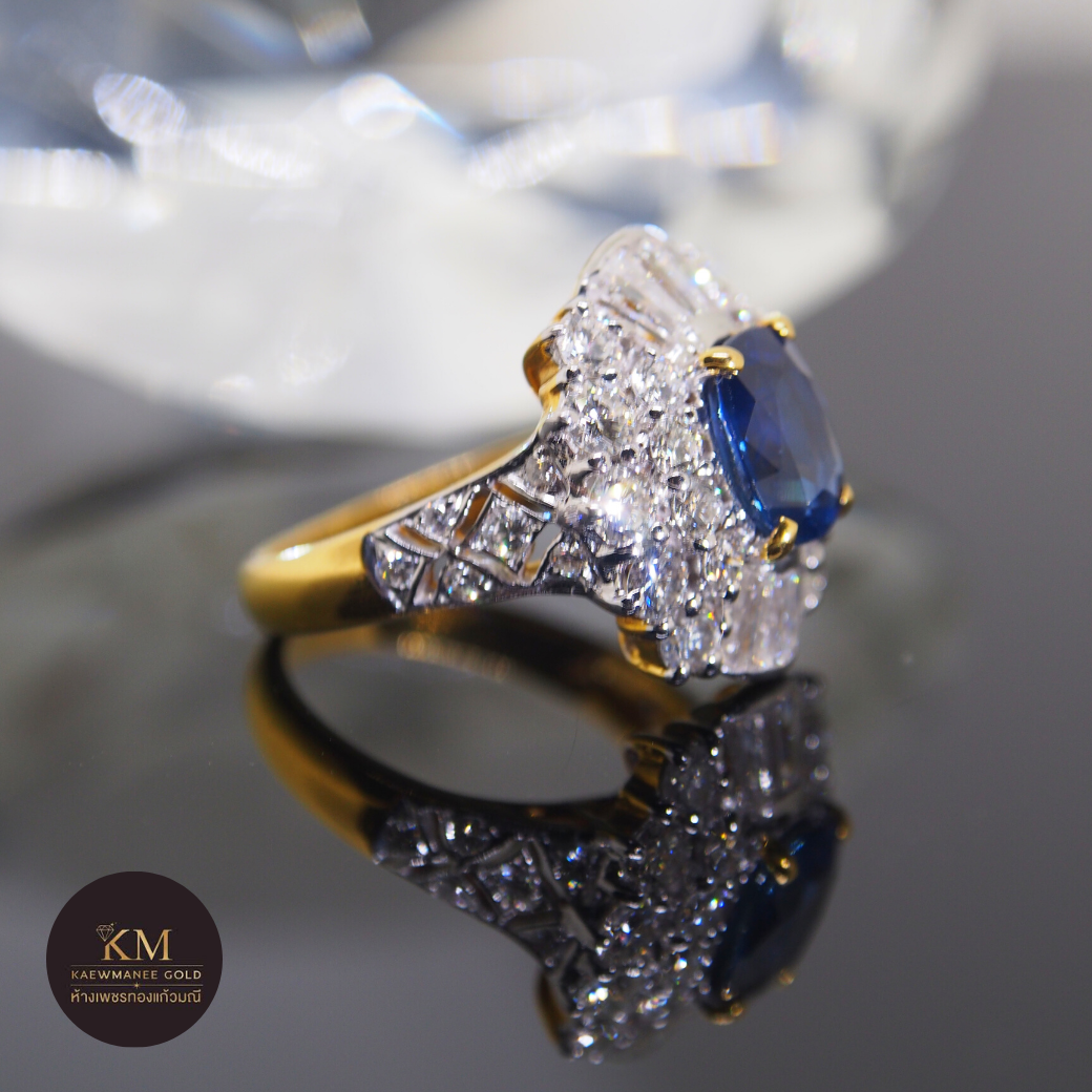 แหวนเพชร Diamond Round Blue Sapphire Pave Ring (90% Gold)