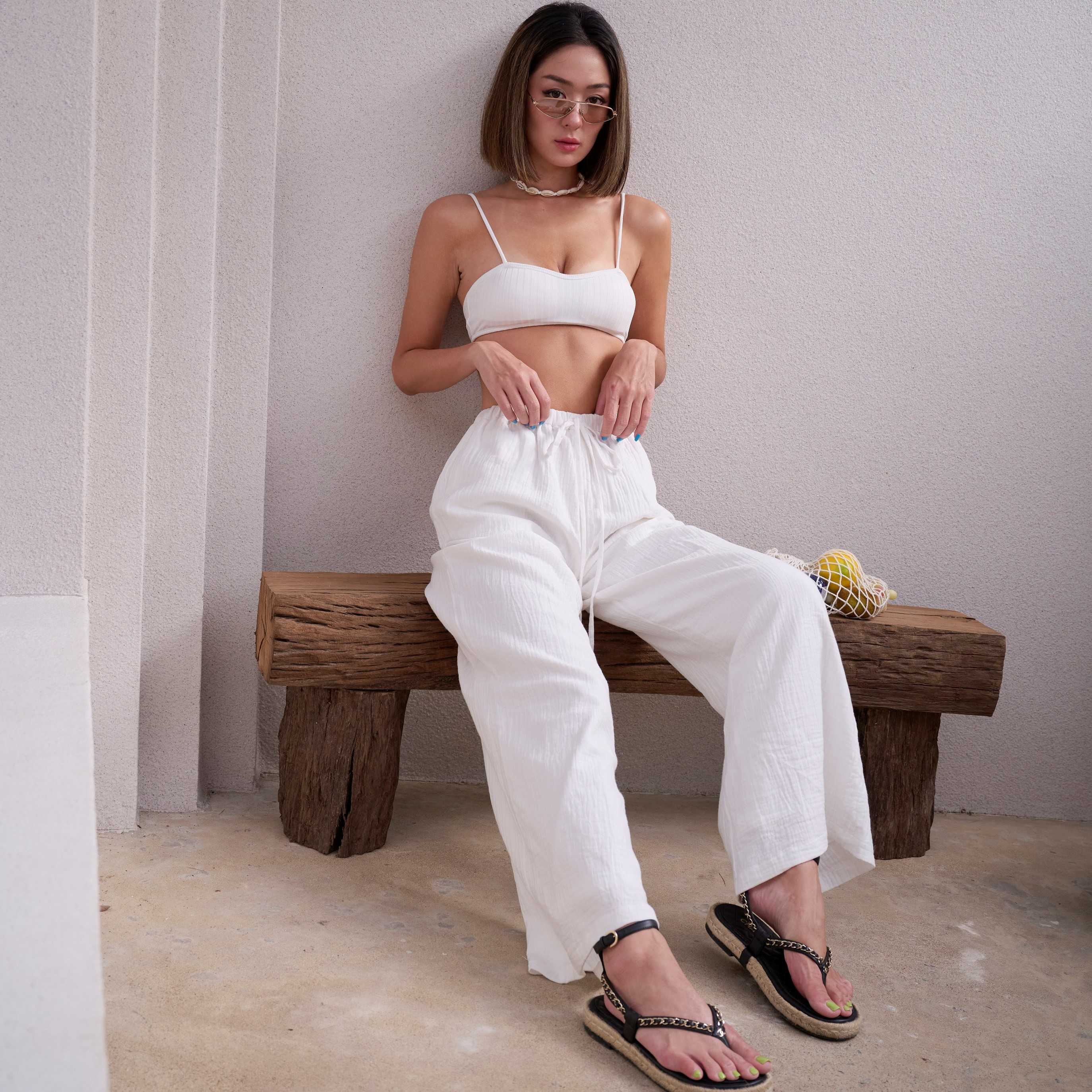 Seafoam - Carla White Drawstring High Waist Beach Pants