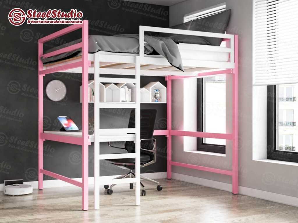 เตียงสูงHigh bed 5 ฟุต พร้อมโต๊ะทำงาน สีทูโทน