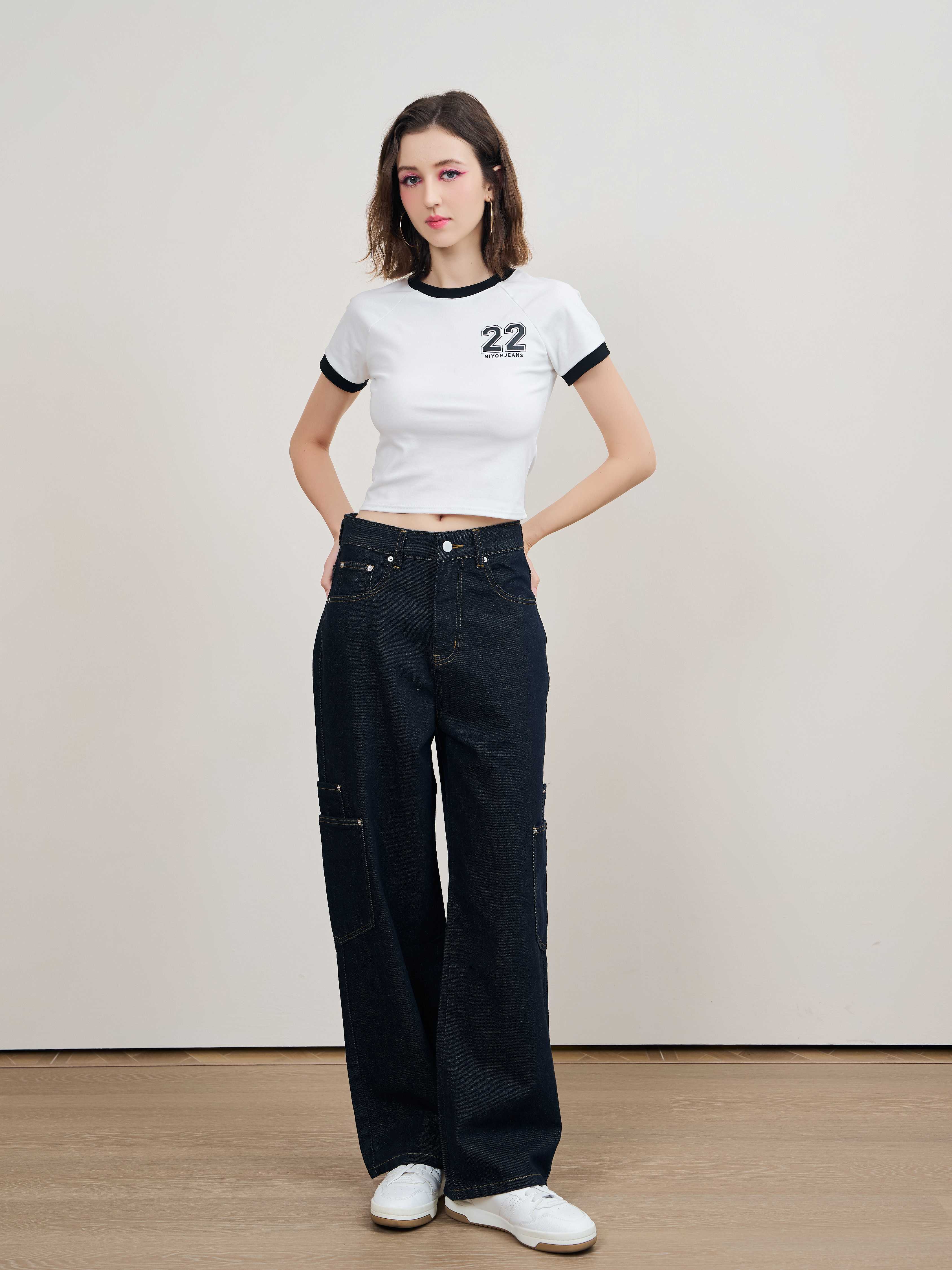 Niyom Jeans : กางเกงคาโก้ Unisex ทรงกระบอก สีเดนิม