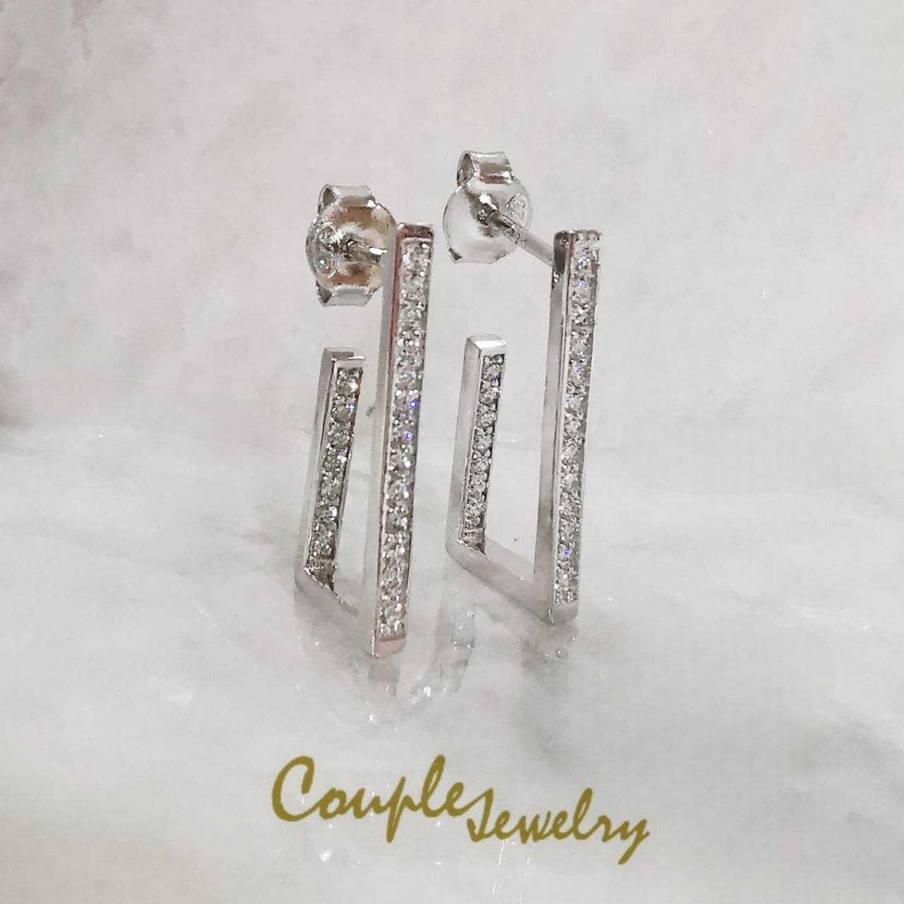 Couple jewelry ต่างหูเงินแท้925 ฝังเพชร CZ ชุบทองคำขาว แฟชั่นทรงเหลี่ยม