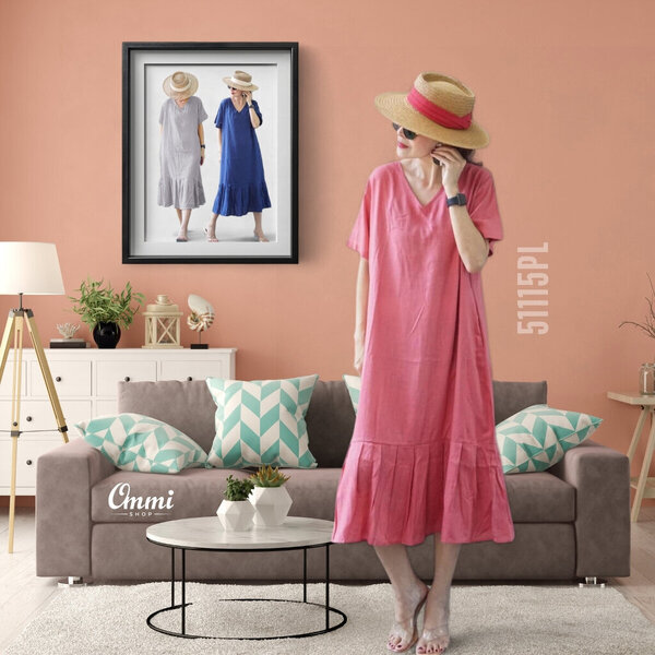 Ommishop 51115PL ชุดเดรสแฟชั่น ผ้าลินิน คอวี แต่งชายระบาย (Bonus)[51115]