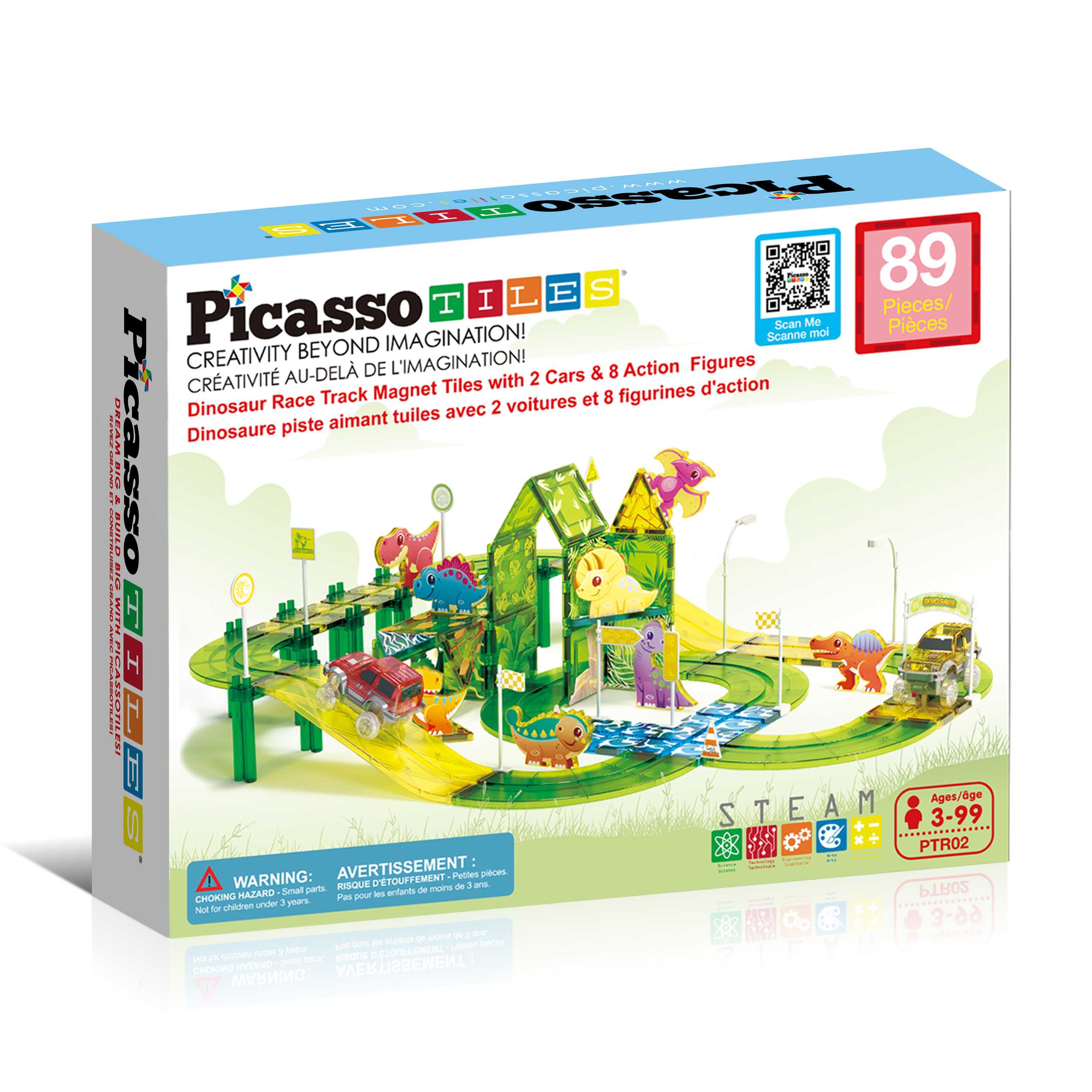 PicassoTiles 89 Pc Magnetic Dinosaur Race Car Track Building Tile Set