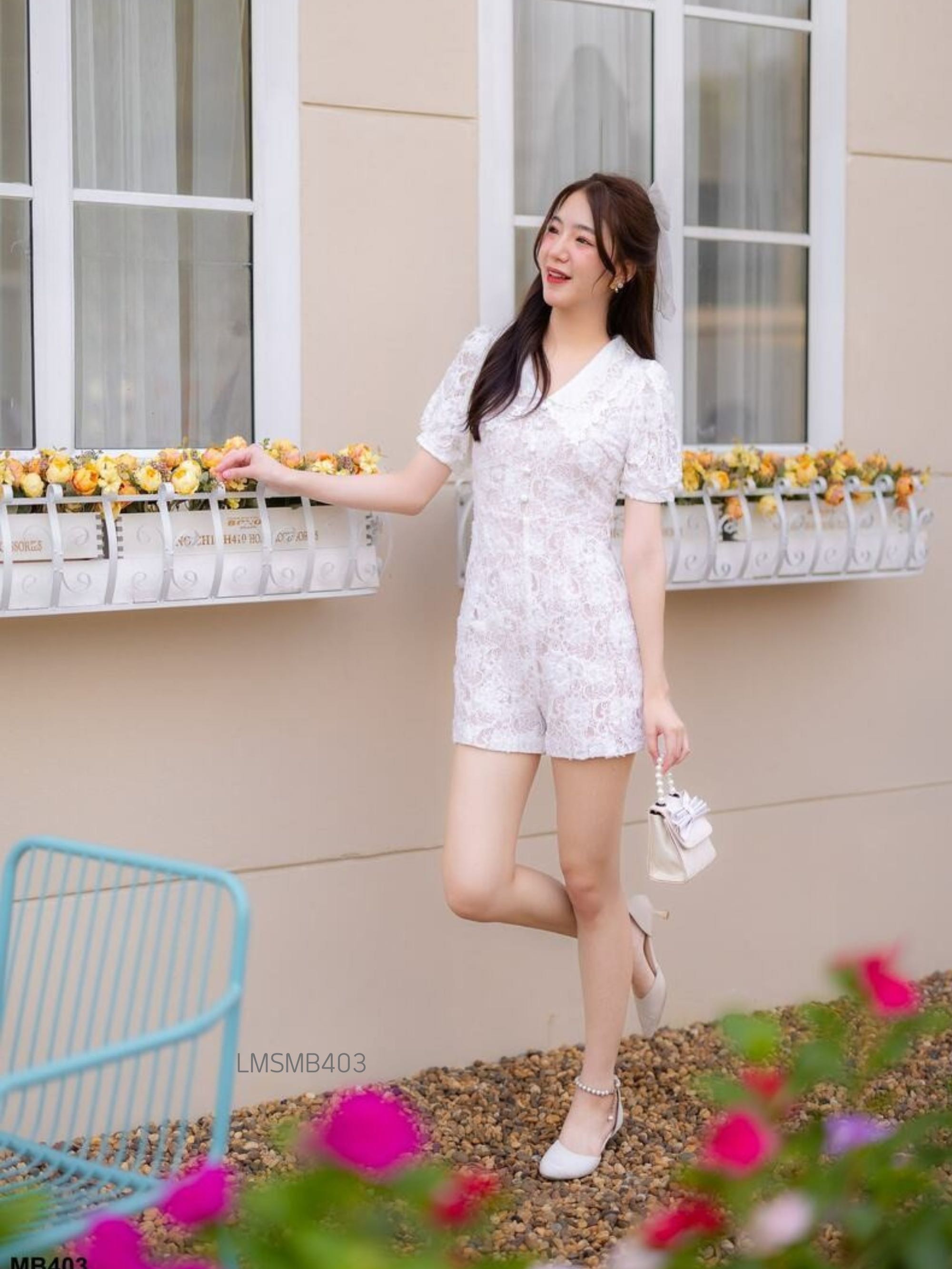 S-XL จั้มสูทขาสั้นลูกไม้ LMSMB403
