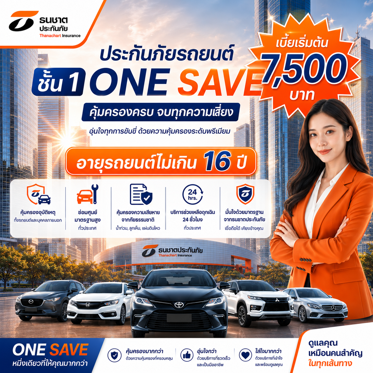 ประกันภัยรถยนต์ชั้น 1 ONE SAVE จากธนชาตประกันภัย เบี้ยเริ้มต้นเพิียง 7500 บาท