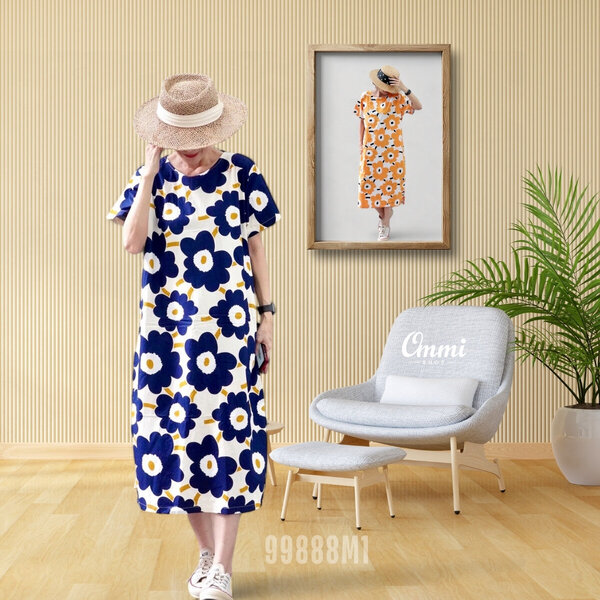 Ommishop 99888M1 ชุดเดรสแฟชั่น คอกลม แต่งผ่าข้าง ลายดอก Mari มารีเมกโกะ Cotton Japan 100% (Bonus)...