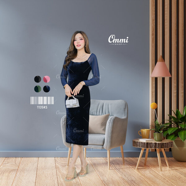 Ommishop ชุดราตรีสั้น 1135KS คอเหลี่ยม กำมะหยี่ เดรสสั้น เดรสออกงาน ชุดงานแต่ง เพื่อนเจ้าสาว