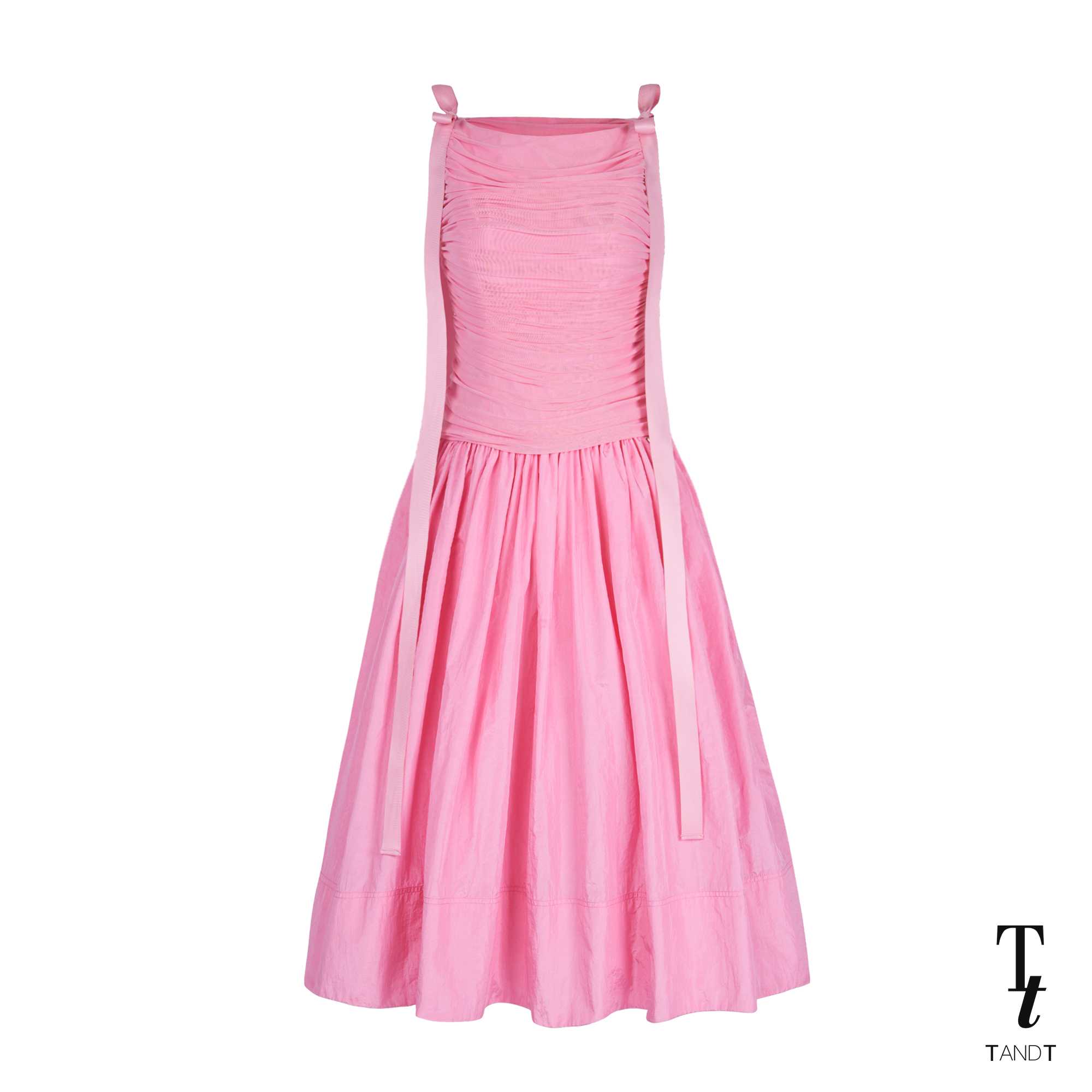 DEBY - RUCHED BOW TRIMMED MESH BLEND NYLON SLEEVELESS MIDI DRESS