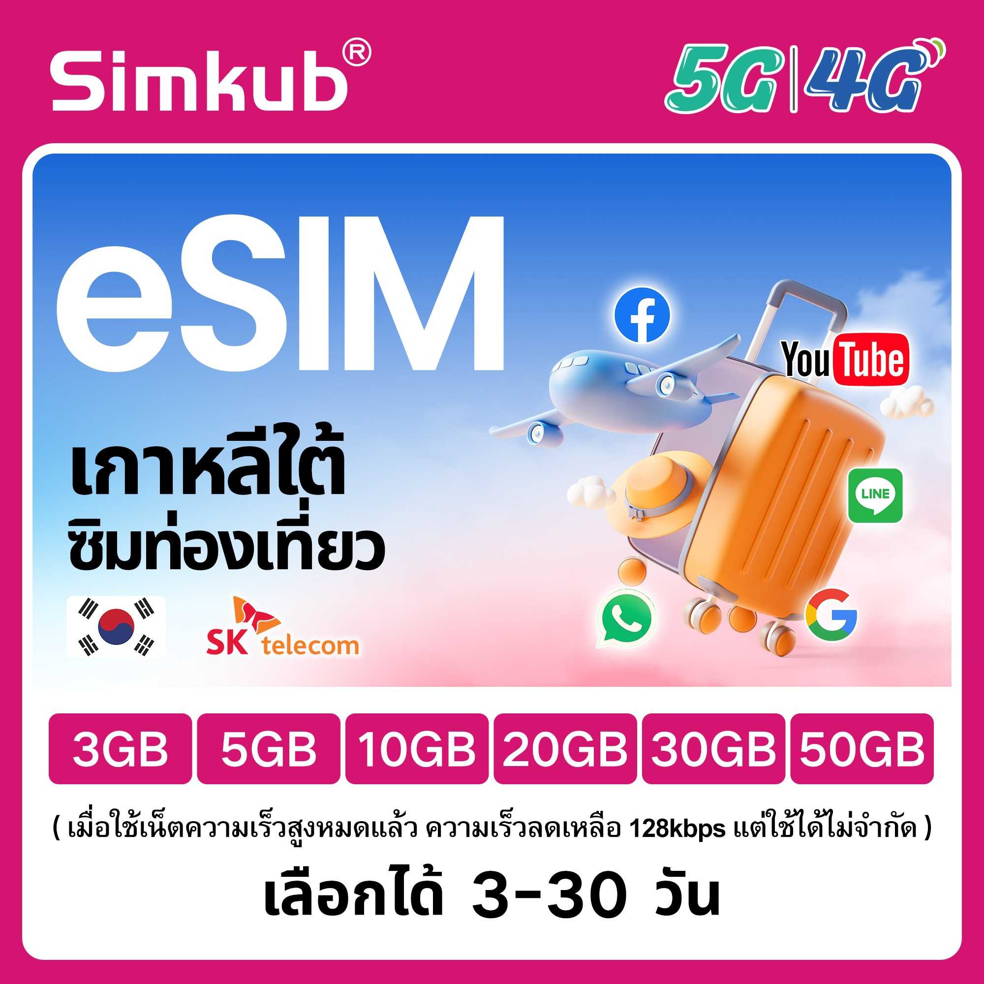 eSIM Korea ซิมท่องเที่ยว เกาหลี เน็ต 3-50GB รองรับ 5G/4G เลือกได้ 3-30 วัน