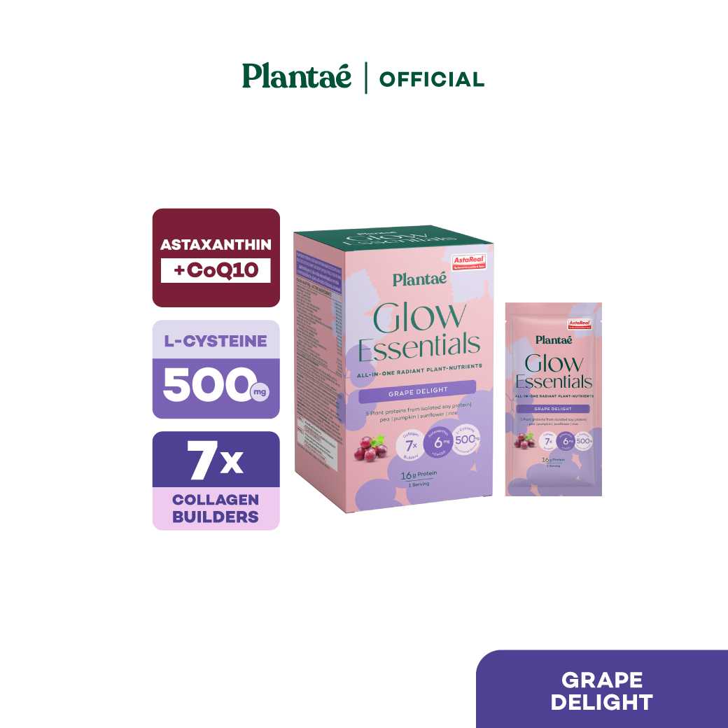 Plantae Glow Essentials : รส Grape Delight 1 กล่อง 5 ซอง โปรตีนพืช อาหารผิว Astaxanthin CoQ10