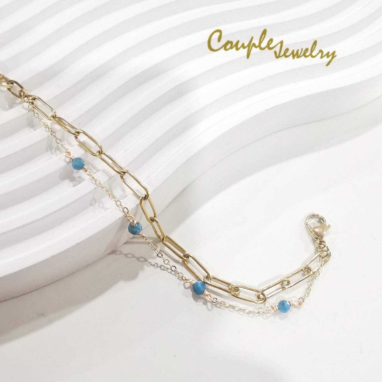 Couple jewelry สร้อยข้อมือหินมงคล อะพาไทต์ ขนาด 4 มิลลิเมตร โซ่สแตนเลส