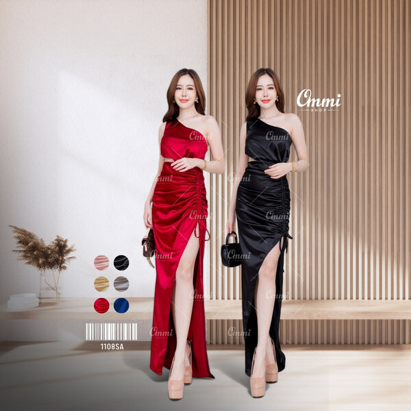 Ommishop ชุดราตรี 1108SA ไหล่เดี่ยวแต่งเว้าเอว ผ้ายืดซาติน เดรสออกงาน ชุดงานแต่ง เพื่อนเจ้าสาว