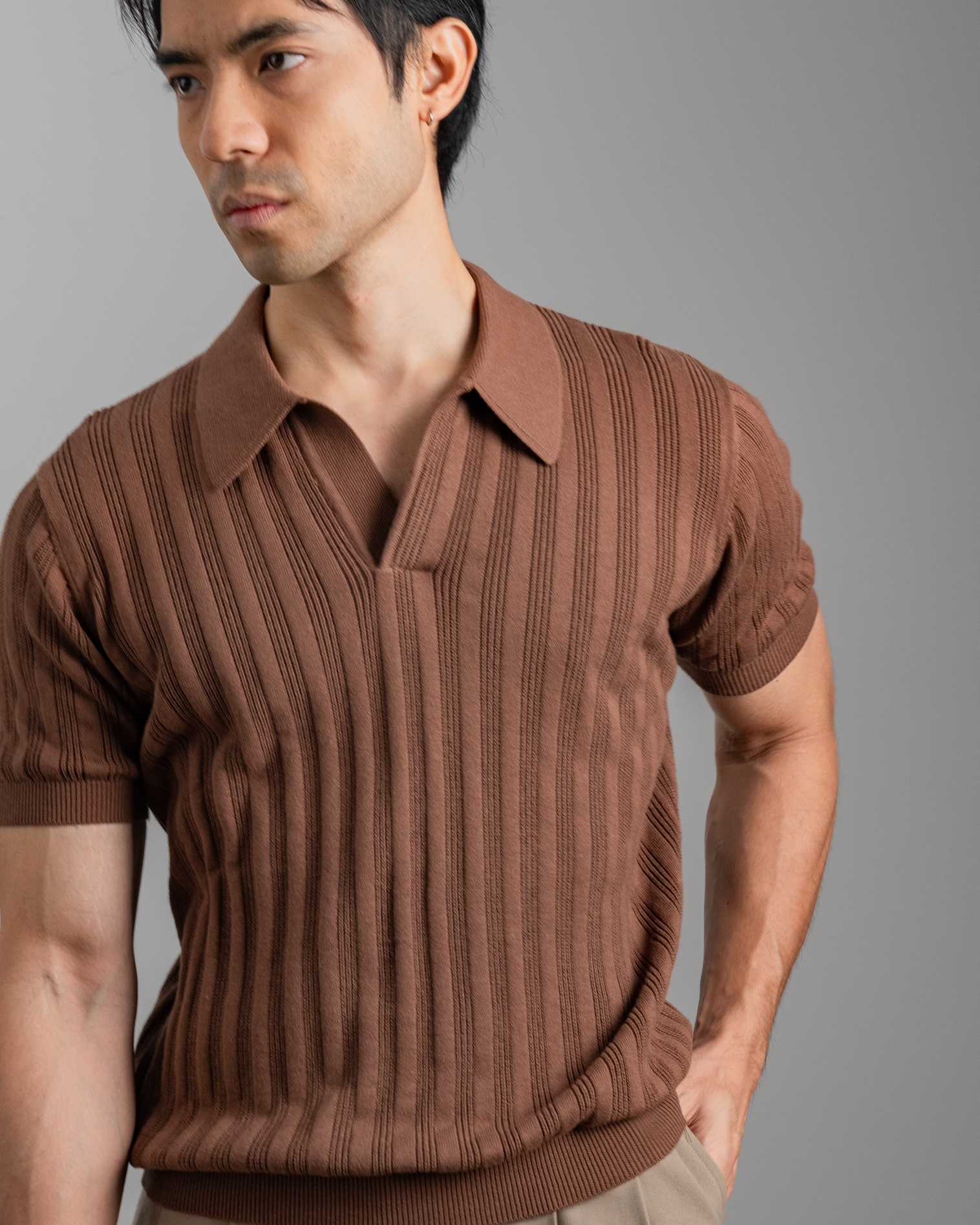 MadetoMature Stripe Textured Knitted Skipper Polo - Chestnut