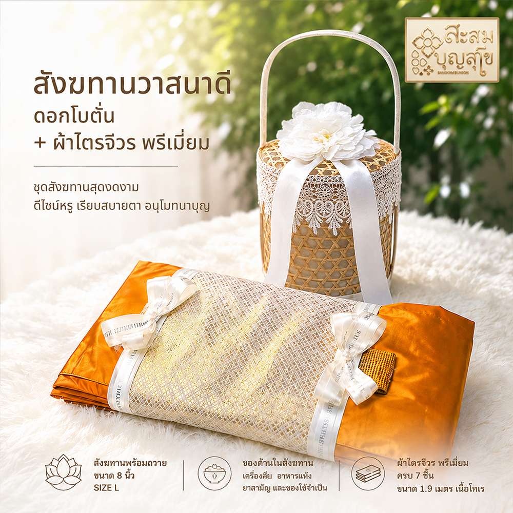 โปรจับคู่ วาสนาดี ดอกโบตั๋น + ผ้าไตรเต็ม ห่อดิ้นทอง พรีเมี่ยม