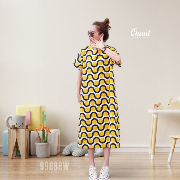 Ommishop 99888W ชุดเดรสแฟชั่น คอกลม แต่งผ่าข้าง ลายคลื่น Cotton Japan 100% (Bonus)[99888]