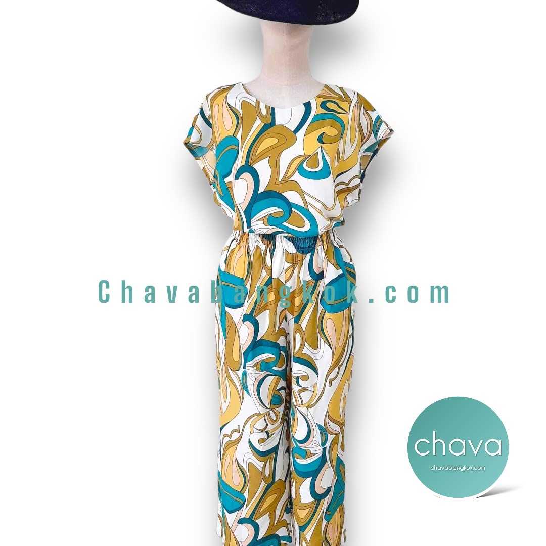 NEW!! กางเกง (สีขาว)  ลายกราฟฟิคเหลืองฟ้า เอวยางยืด