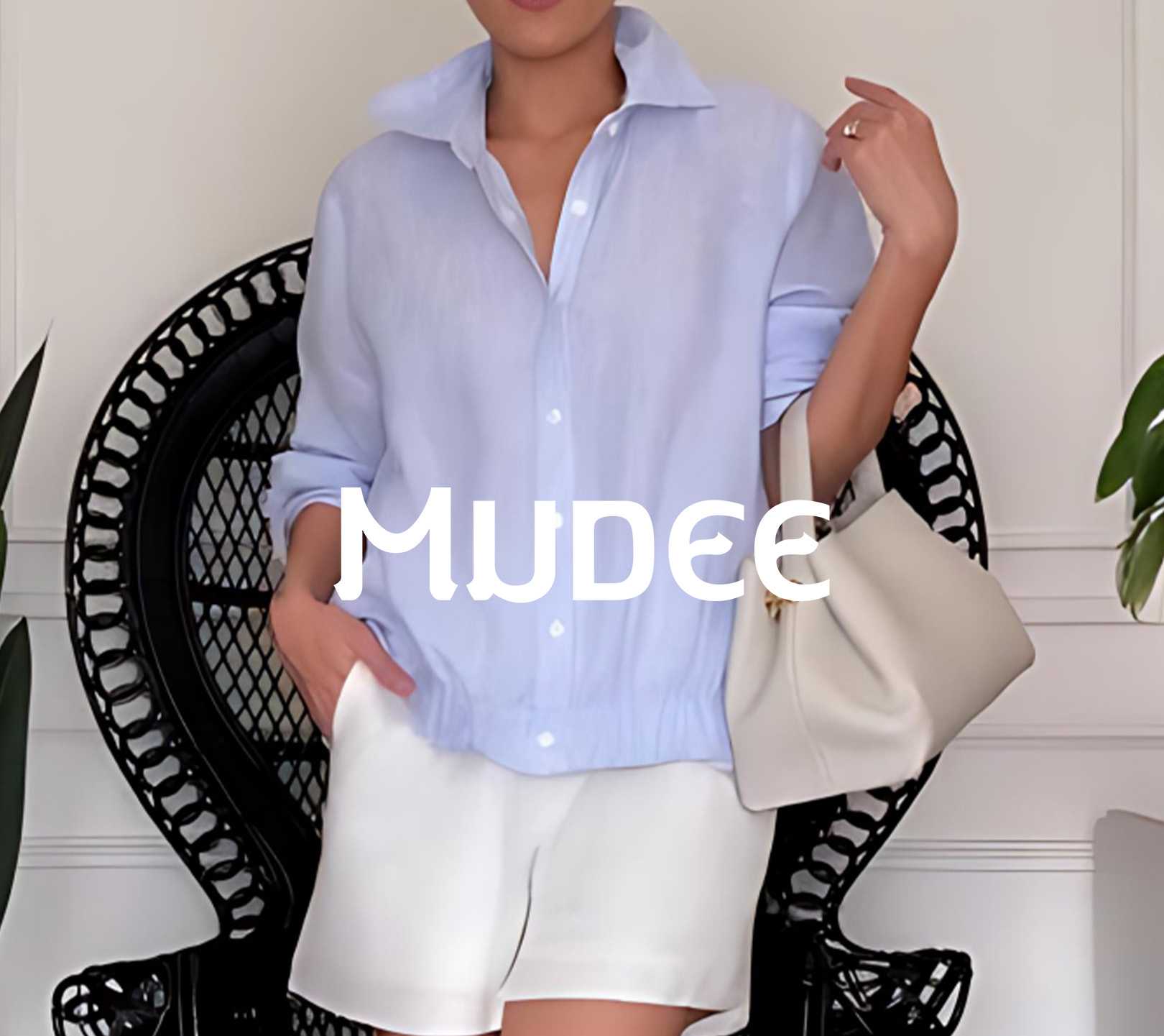 MUDEE เสื้อเชิ้ตลินินแขนยาว จั้มพ์เอวหน้าสีฟ้า