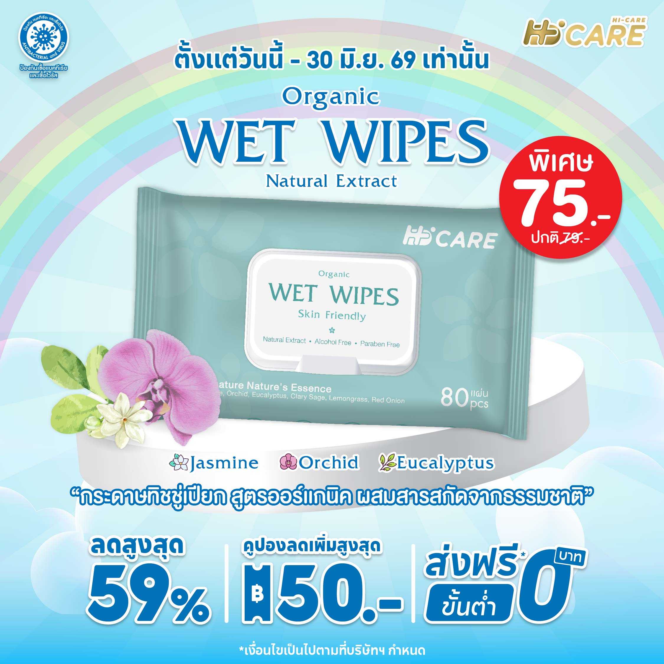 Hi-Care ทิชชู่เปียก แผ่นเช็ดทำความสะอาดผิวกาย Clean&Care ( 1 ห่อ/ 80 แผ่น)