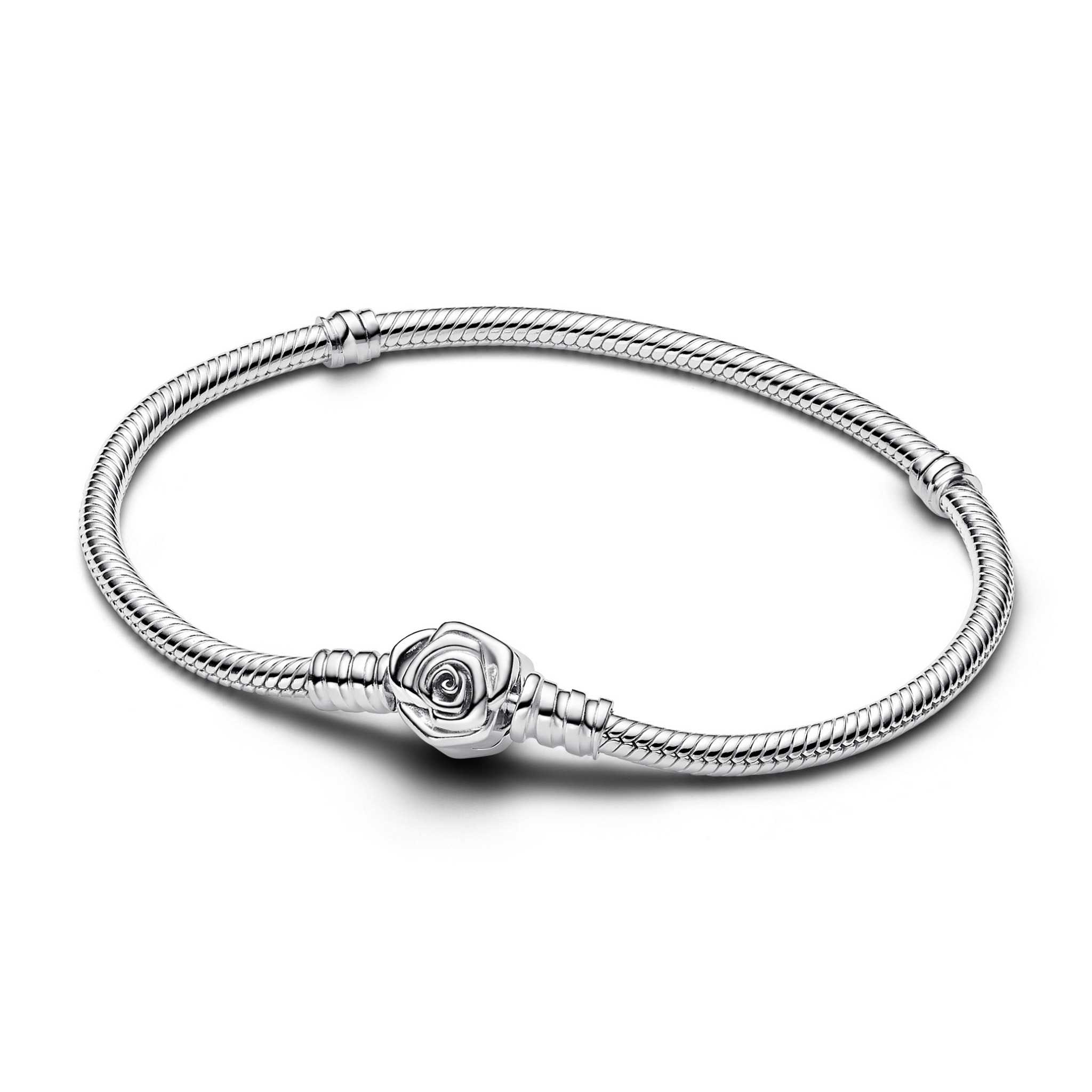 Snake chain sterling silver bracelet with rose clasp