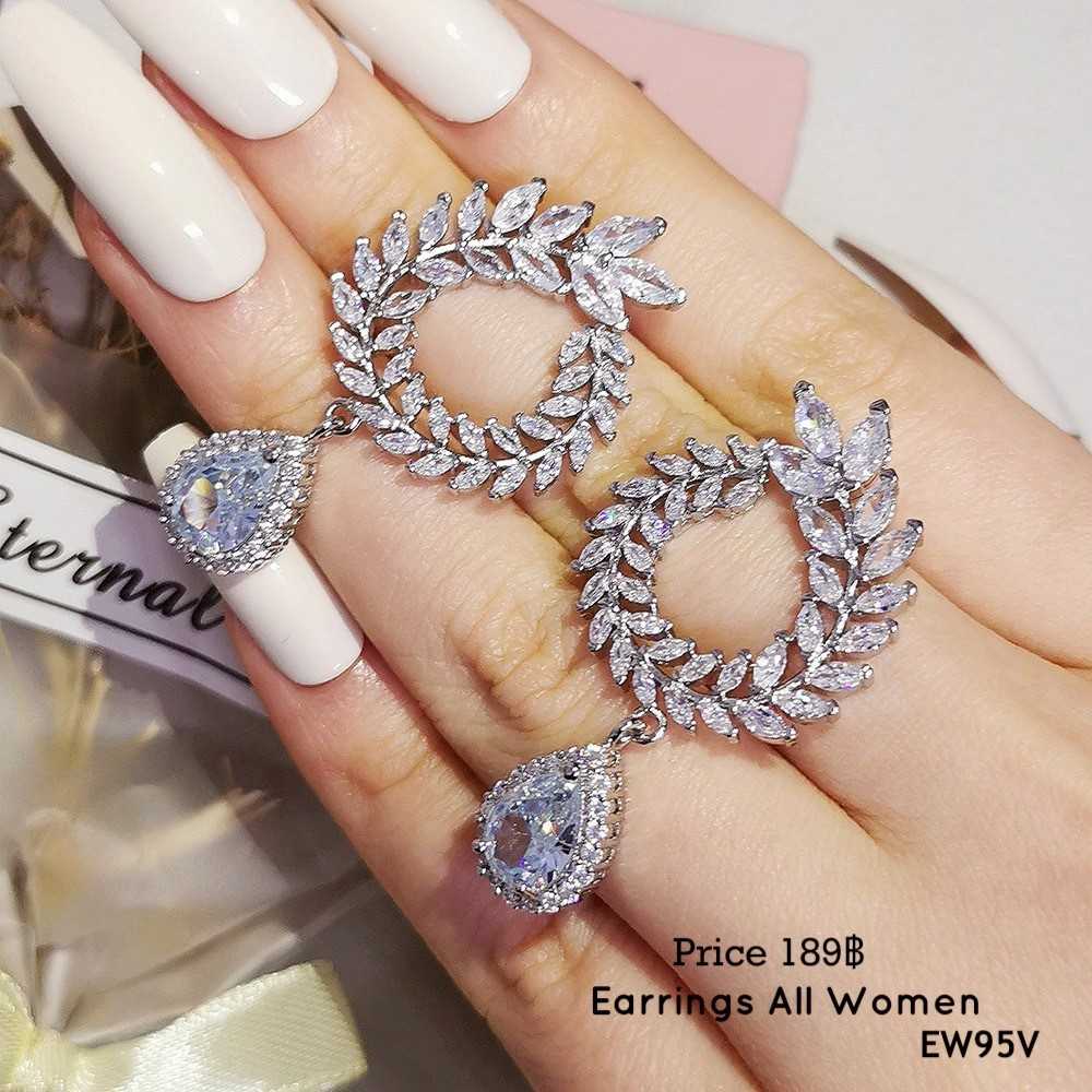 EW93V ต่างหูใบมะกอก ระย้าเครื่องประดับ เงิน 925